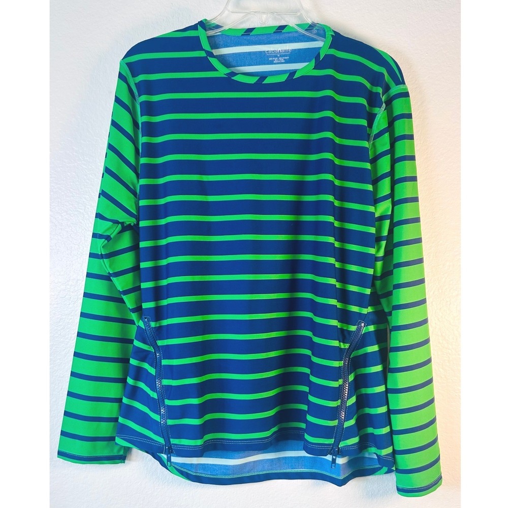 Cabana Life SZ XL Rash Guard Blue Green Striped Long Sleeve Side Zip Swim Top